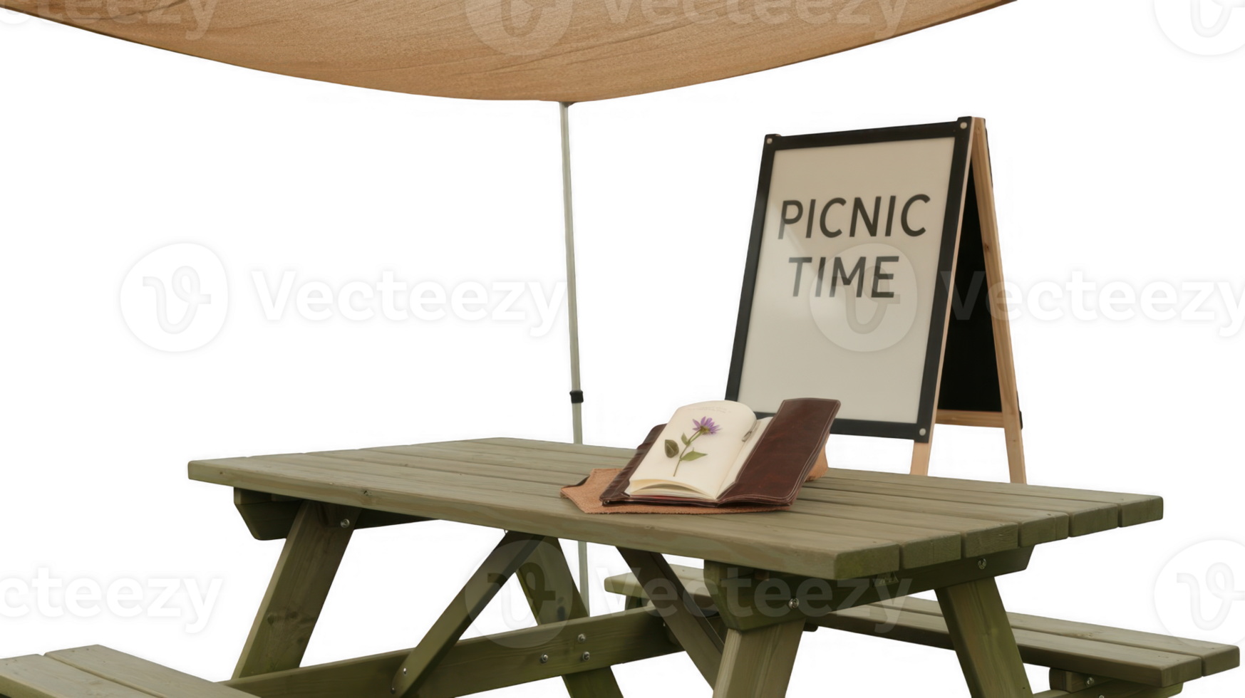 Picnic time sign stands on wooden table under awning with transparent background png