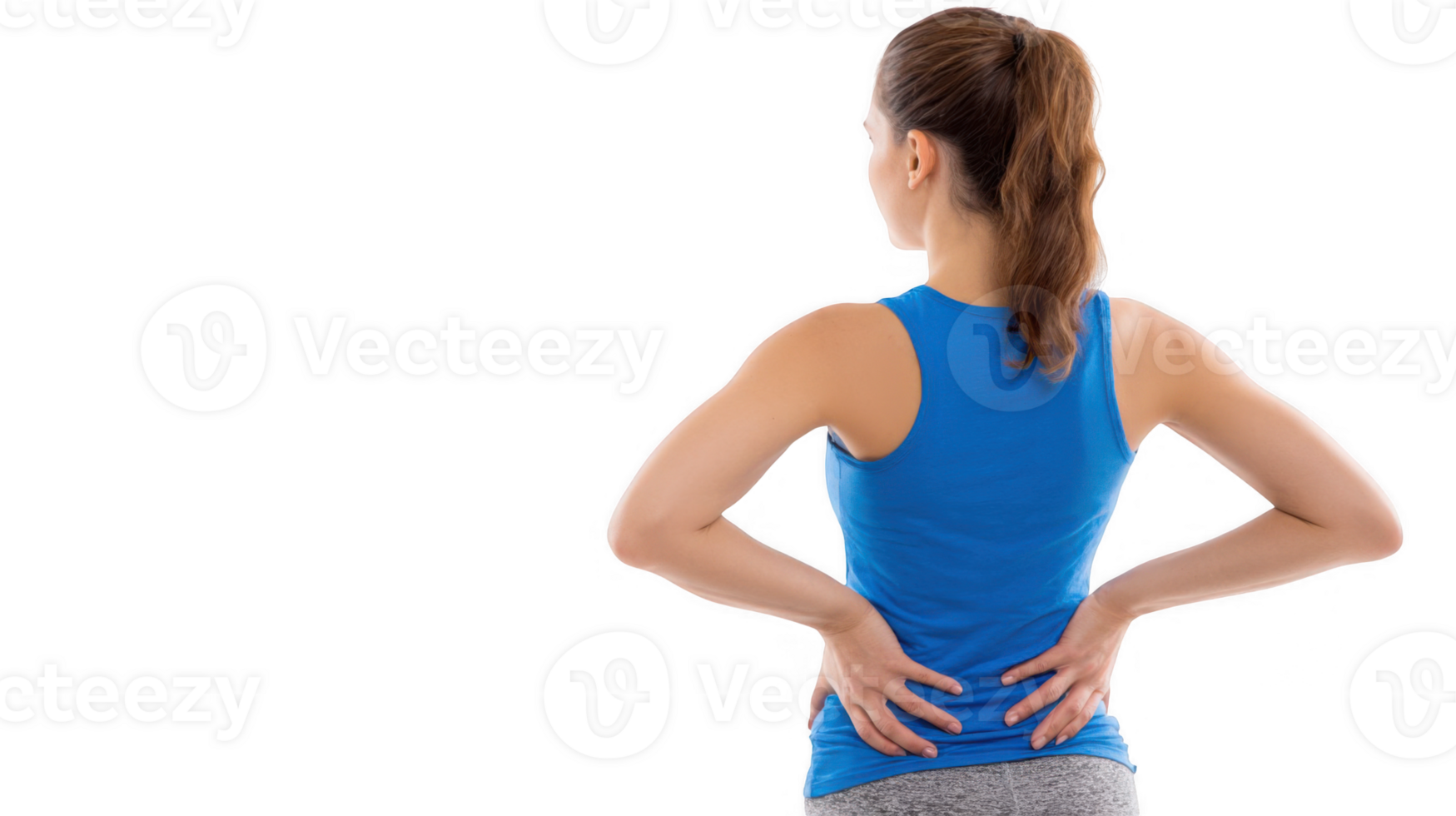 Young woman suffering from back pain on transparent background png