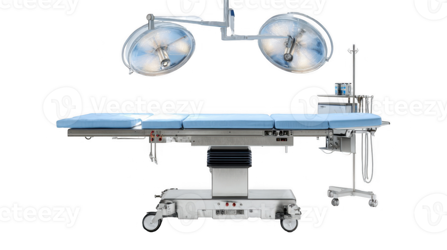 Modern operating table with surgical lights in empty operating room png