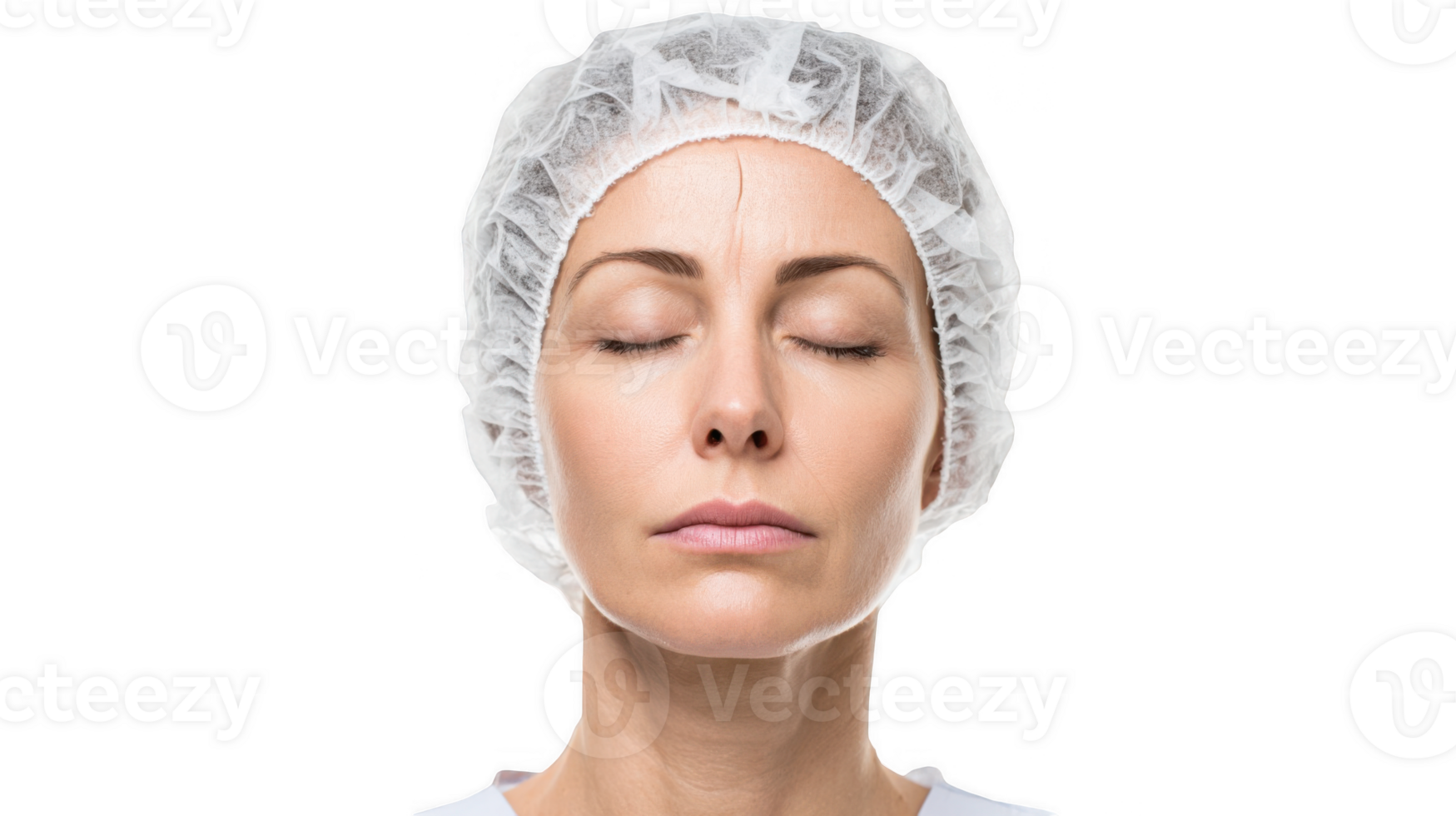 Patient wearing surgical cap closing eyes before cosmetic surgery with transparent background png
