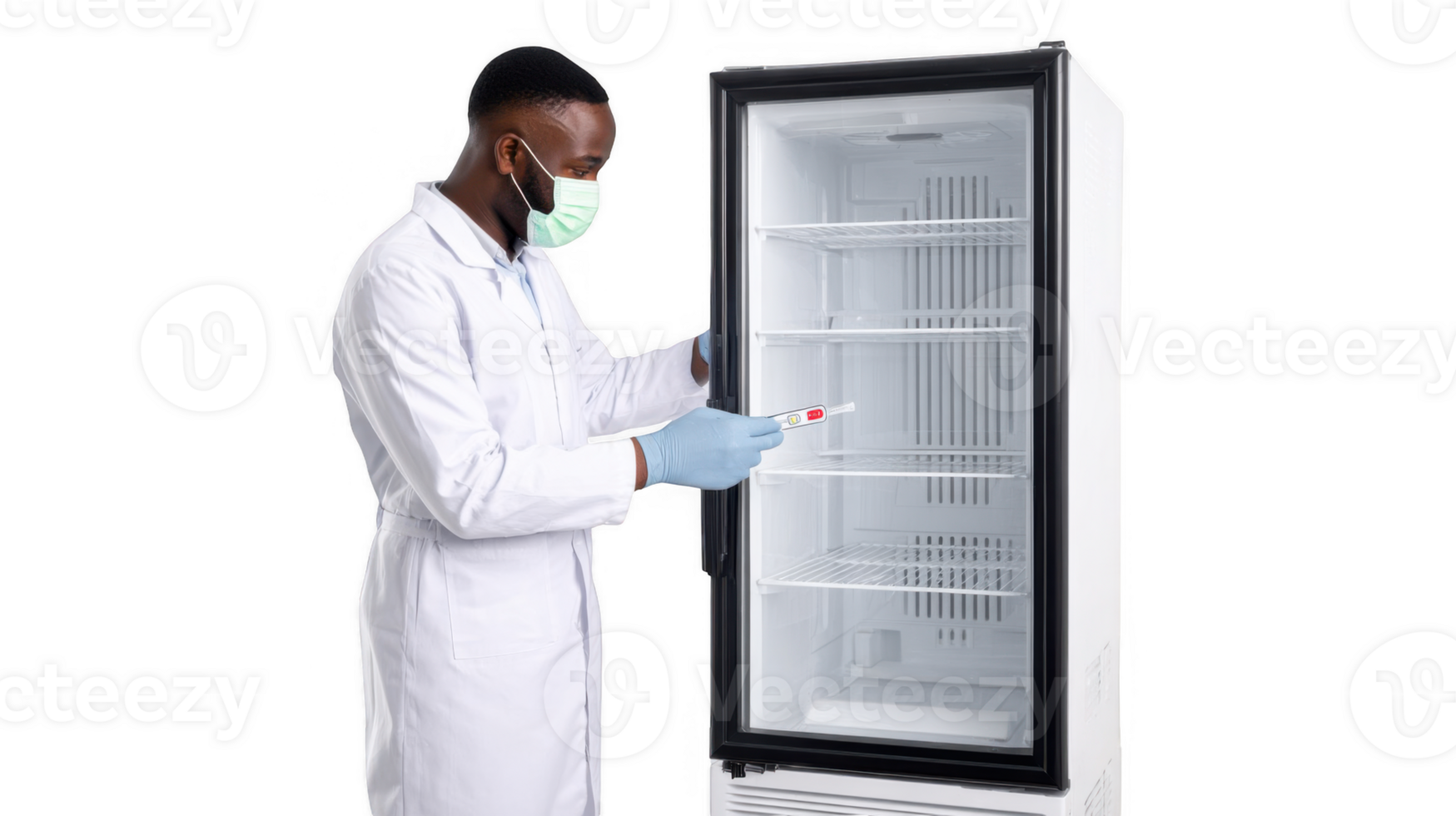 Doctor storing medicine in refrigerator with transparent background png
