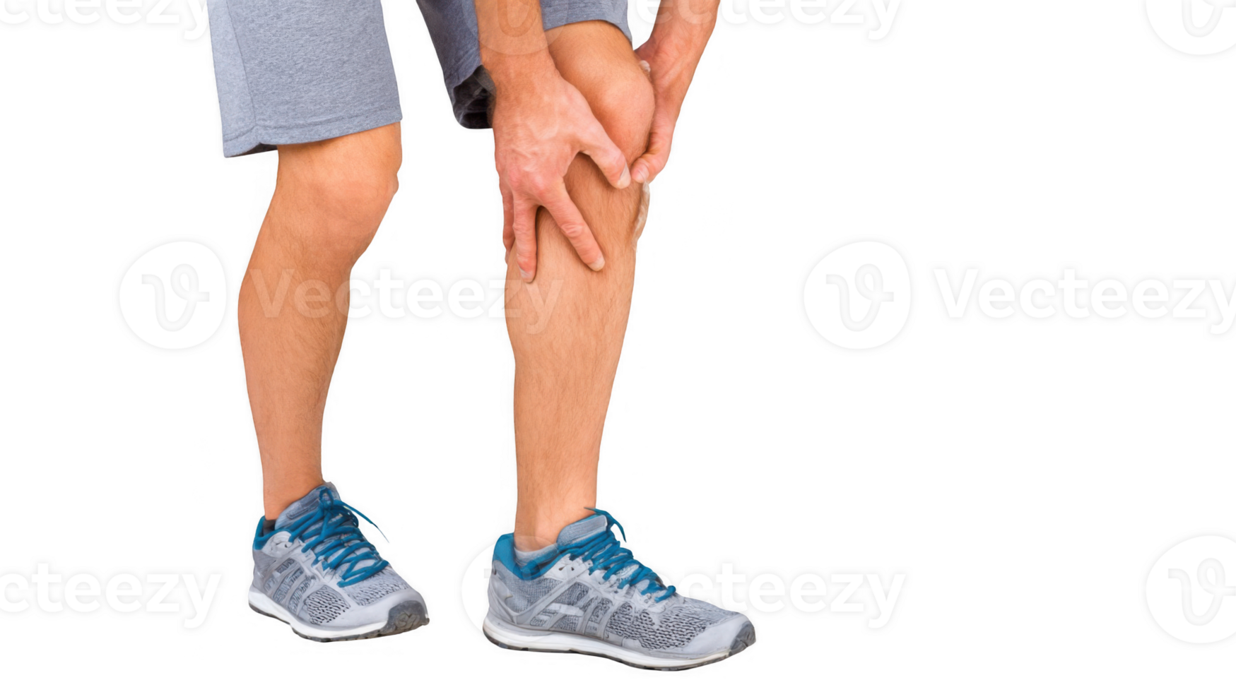Athlete touching sore knee while standing on transparent background png