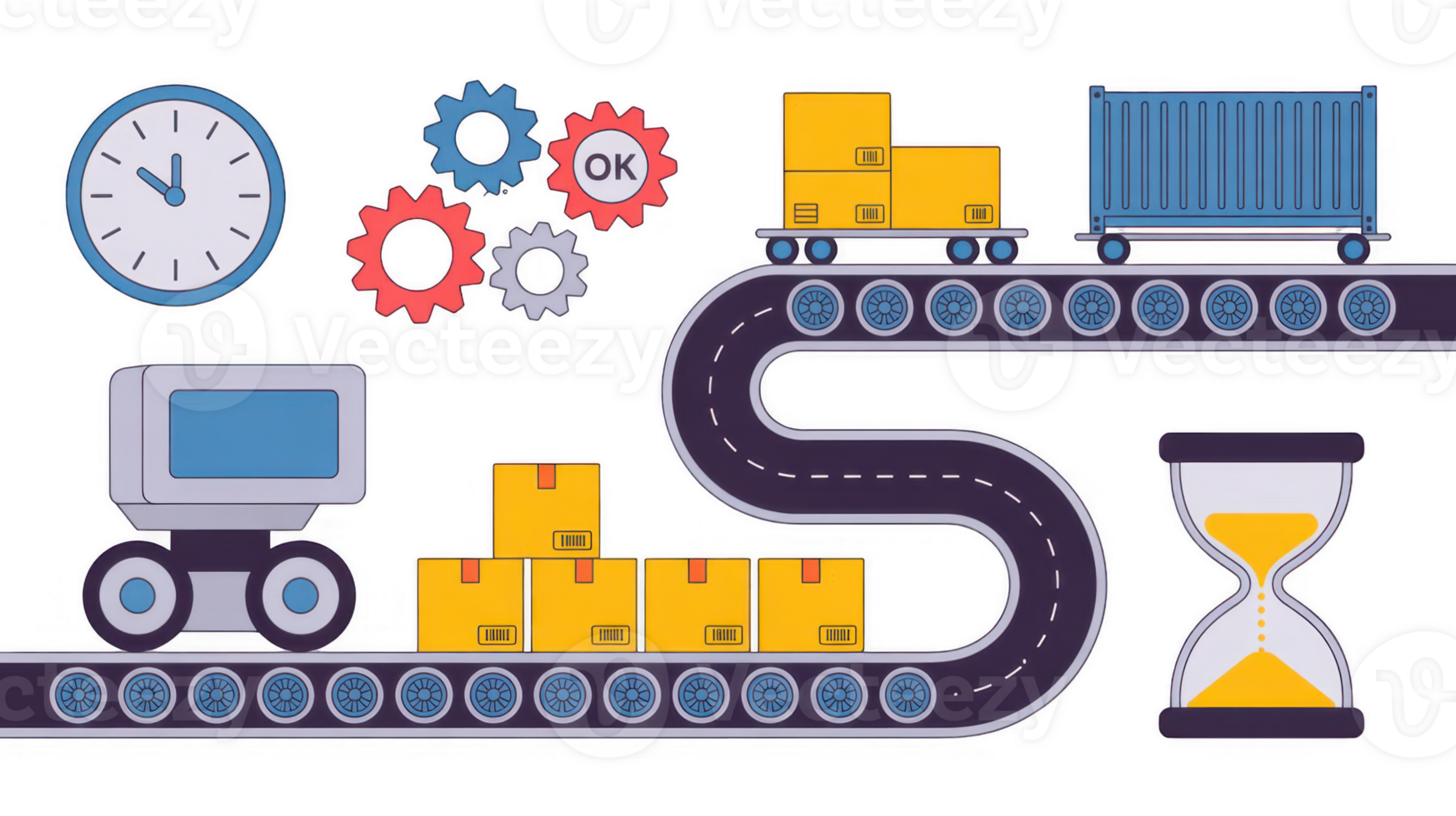 Automated guided vehicle transporting packages on a conveyor belt with transparent background png