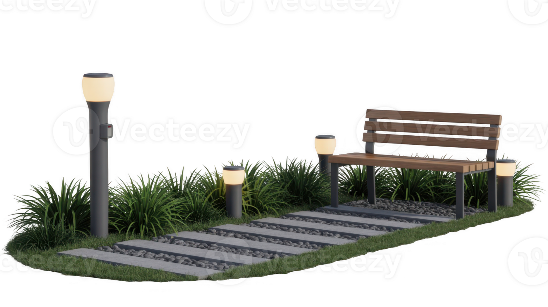 Modern bench with street lamps illuminating a garden path on transparent background png