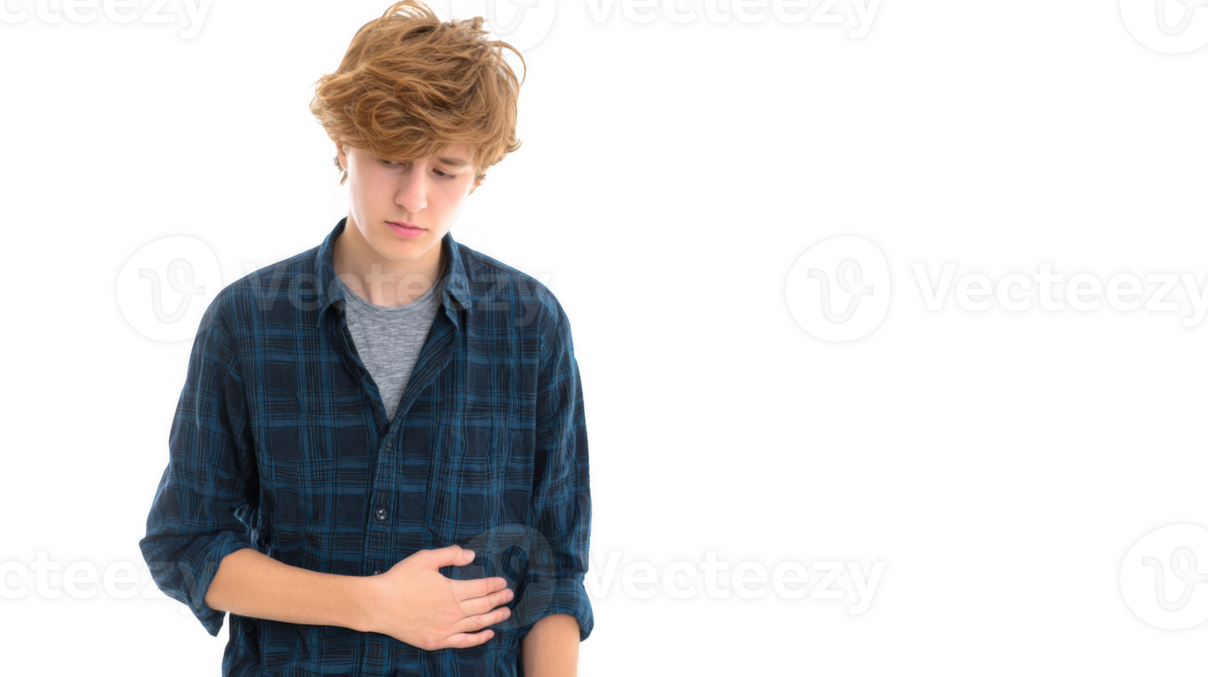 Teenager suffering from stomach ache on transparent background png