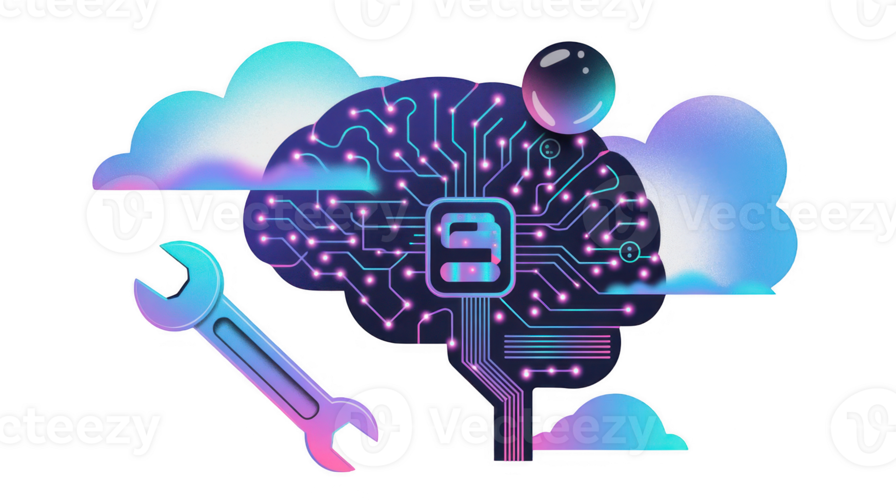 Wrench fixing digital brain in cloud computing environment with transparent background png