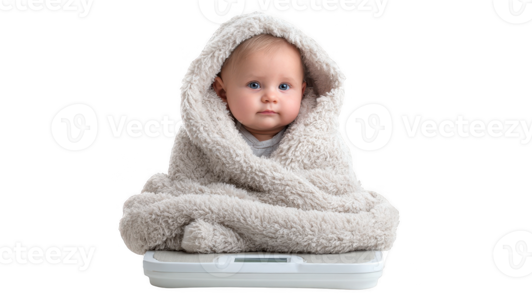 Adorable baby wrapped in warm blanket sitting on weighing scale with transparent background png