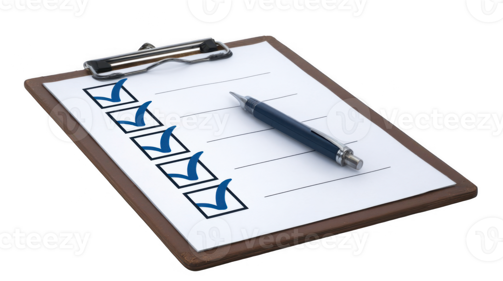 Clipboard showing completed checklist with pen and transparent background png