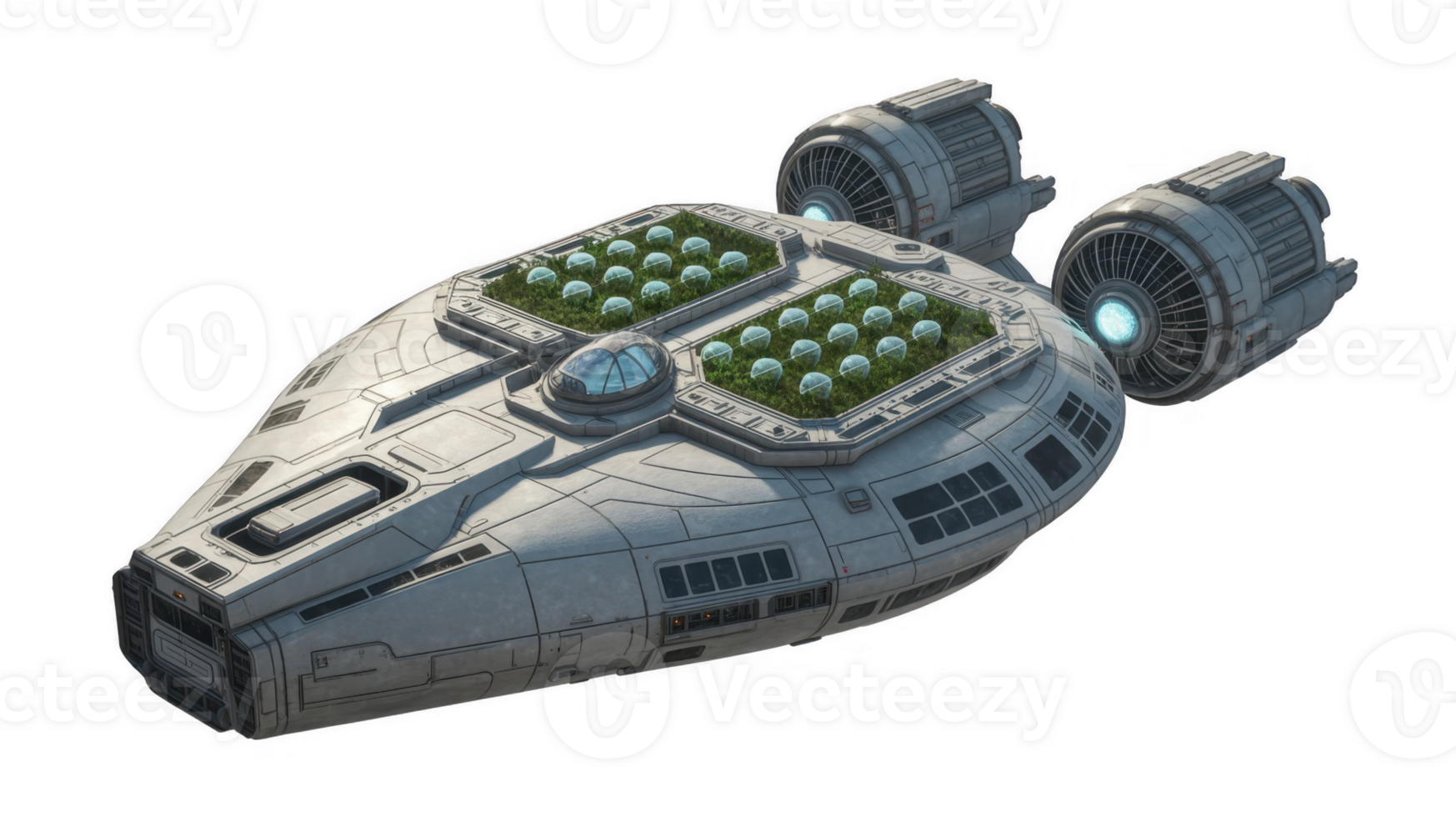 Futuristic spaceship floating with transparent background, growing plants png