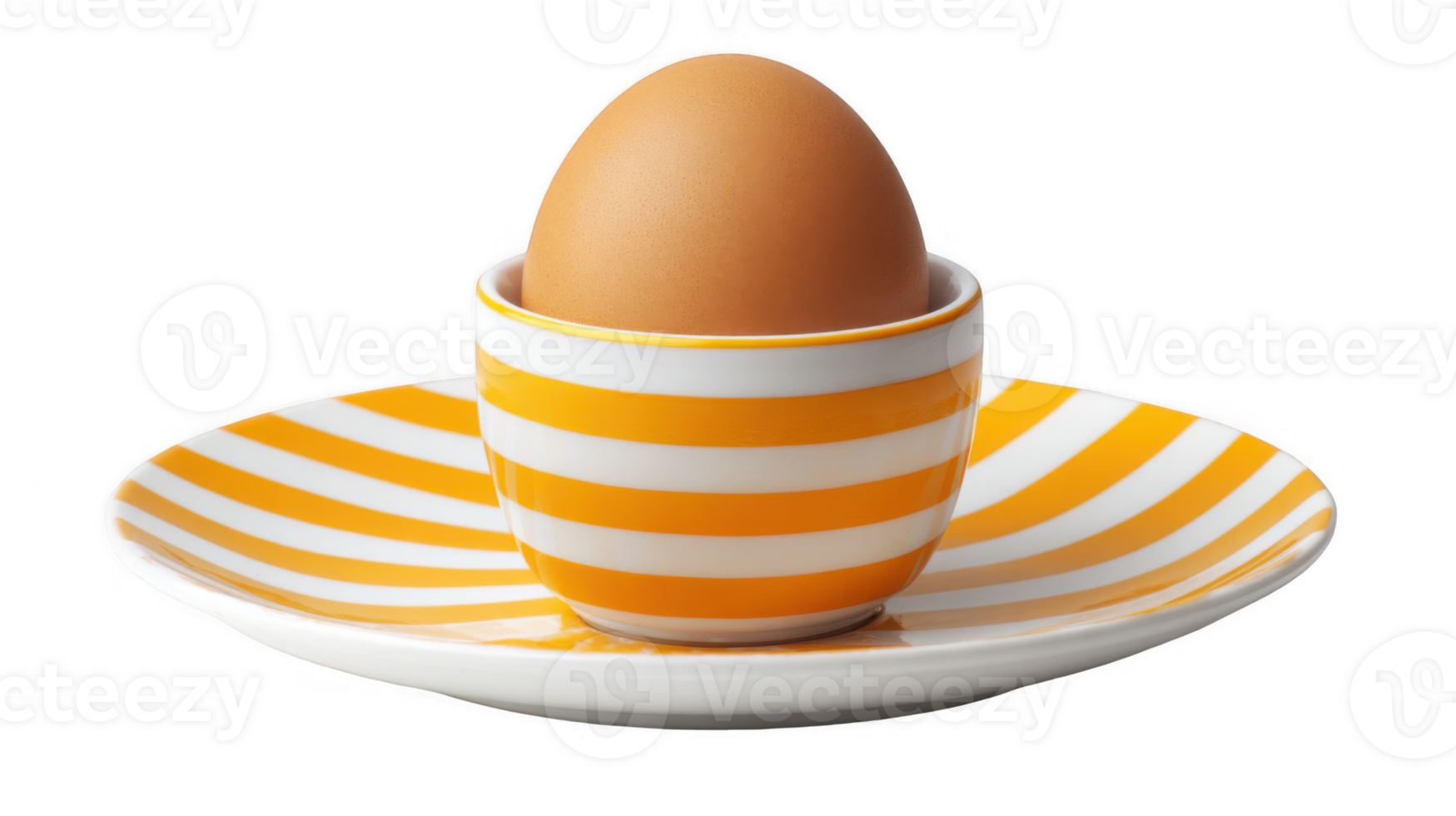 Boiled egg resting on a striped egg cup and saucer with transparent background png
