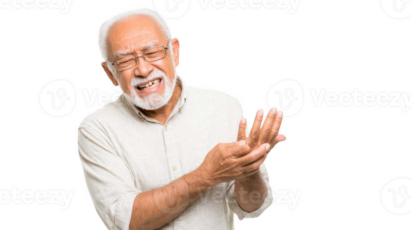 Senior man suffering from hand pain on transparent background png