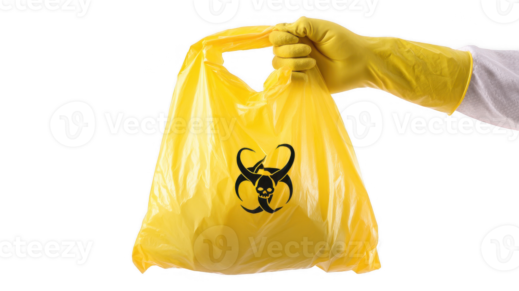 Scientist wearing gloves holding biohazard bag on transparent background png
