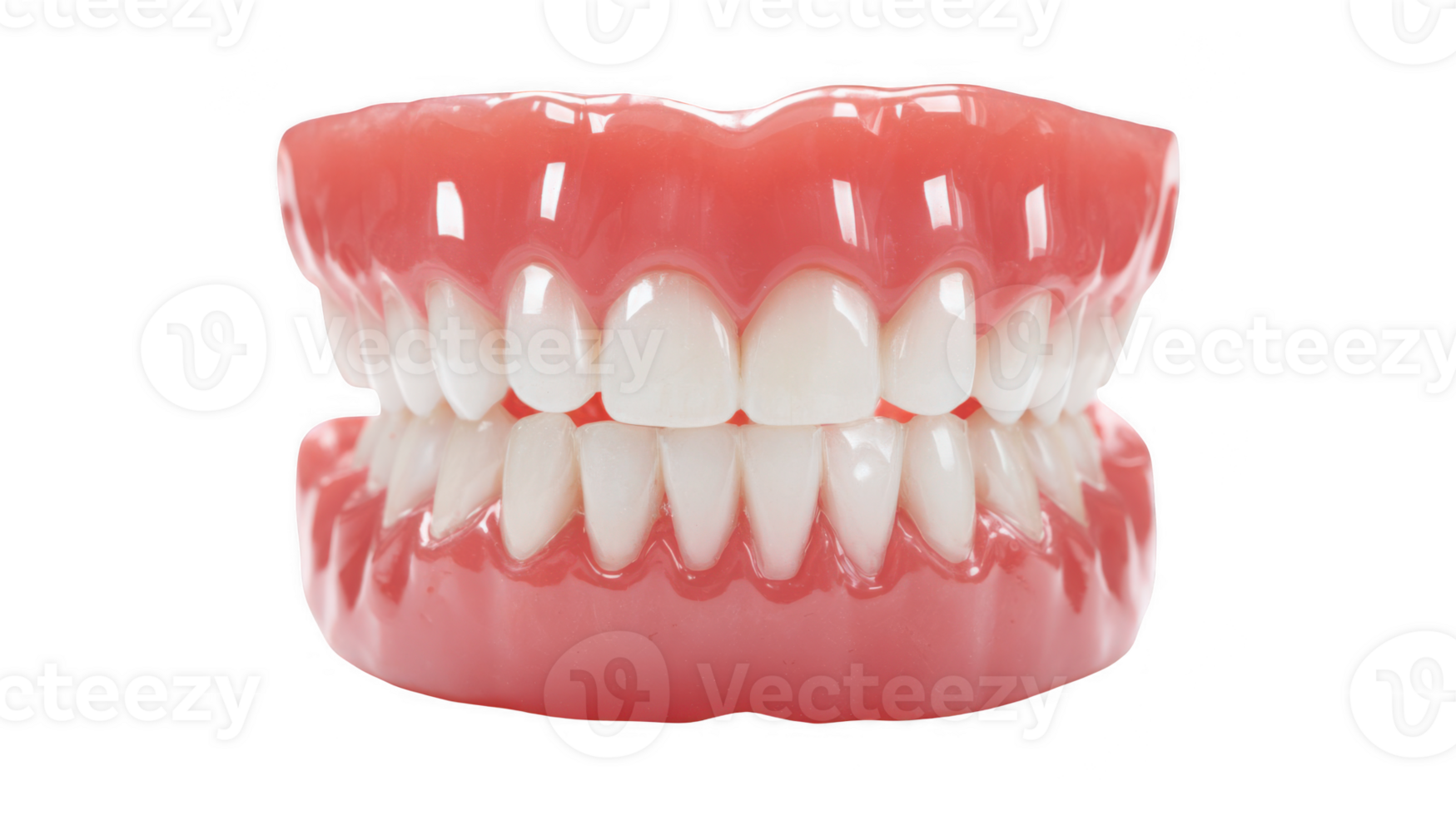 Closeup of dentures showing overbite on transparent background png
