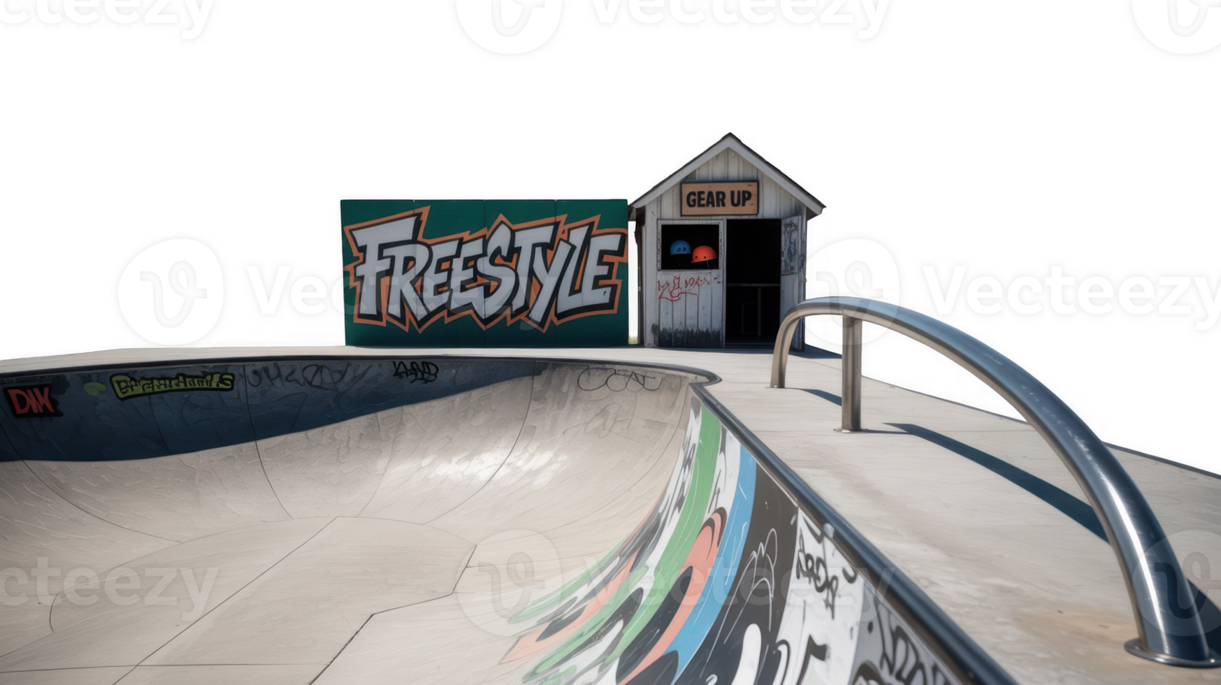 Freestyle skatepark with bowl and rail on transparent background png