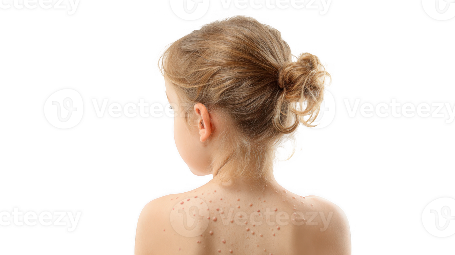 Little girl showing chickenpox symptoms on her back on transparent background png