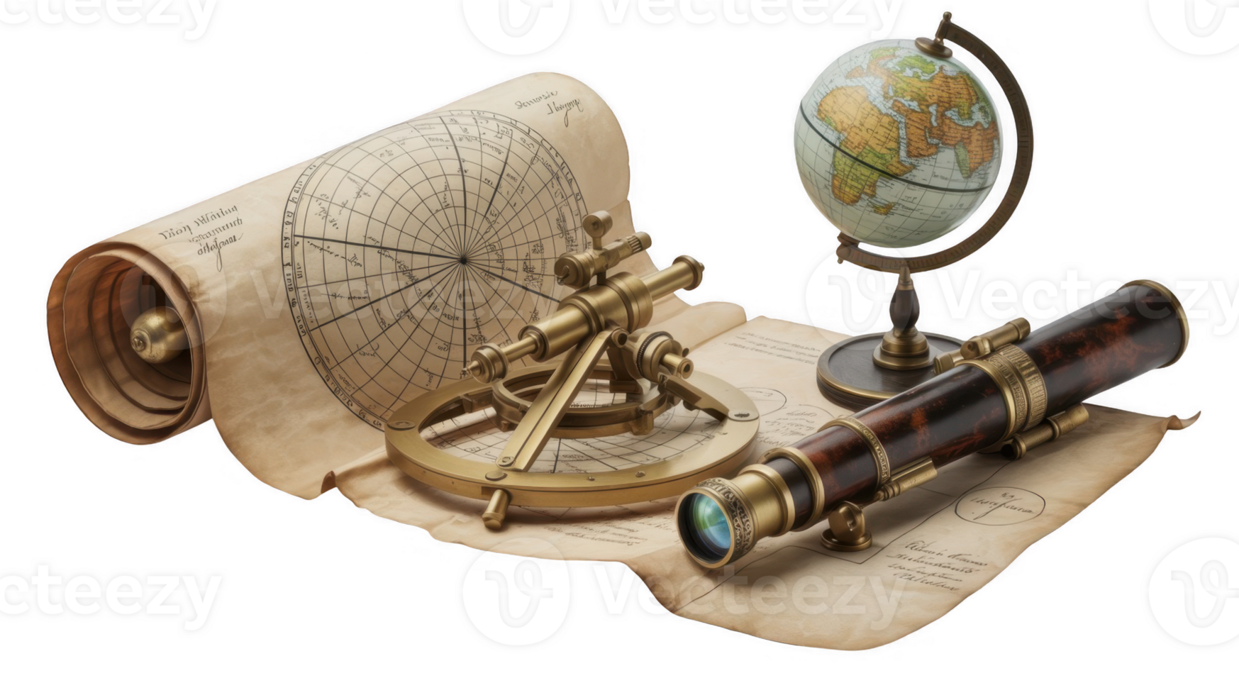 Vintage navigation tools resting on antique maps with transparent background png