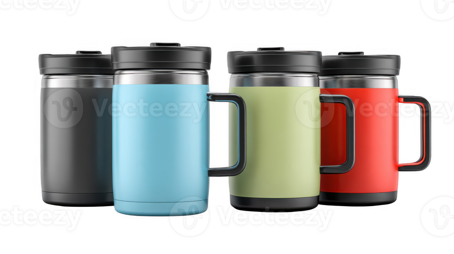 Four colorful insulated mugs with lids on transparent background png