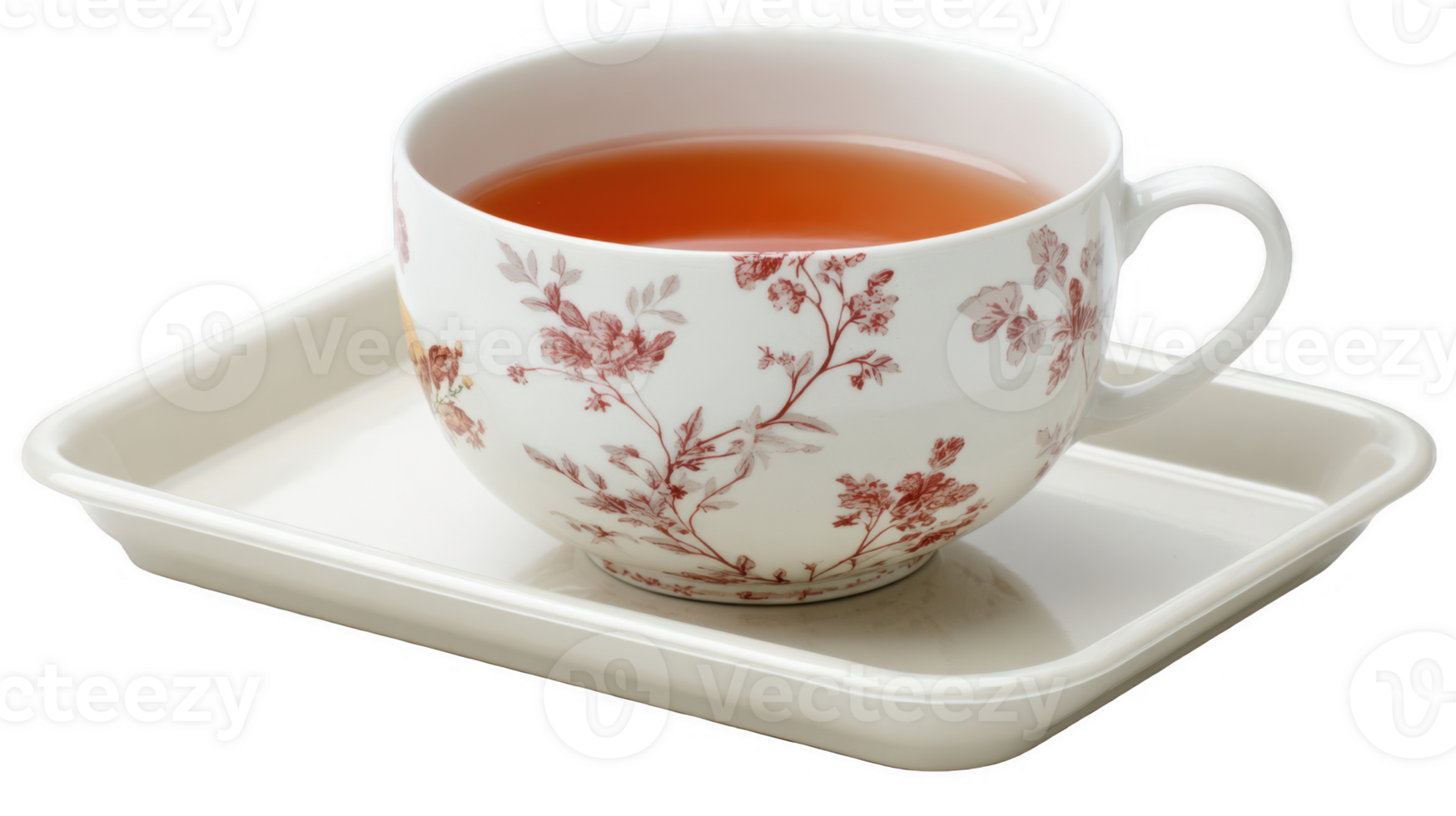 Warm herbal tea steaming in a floral china cup on a tray with transparent background png