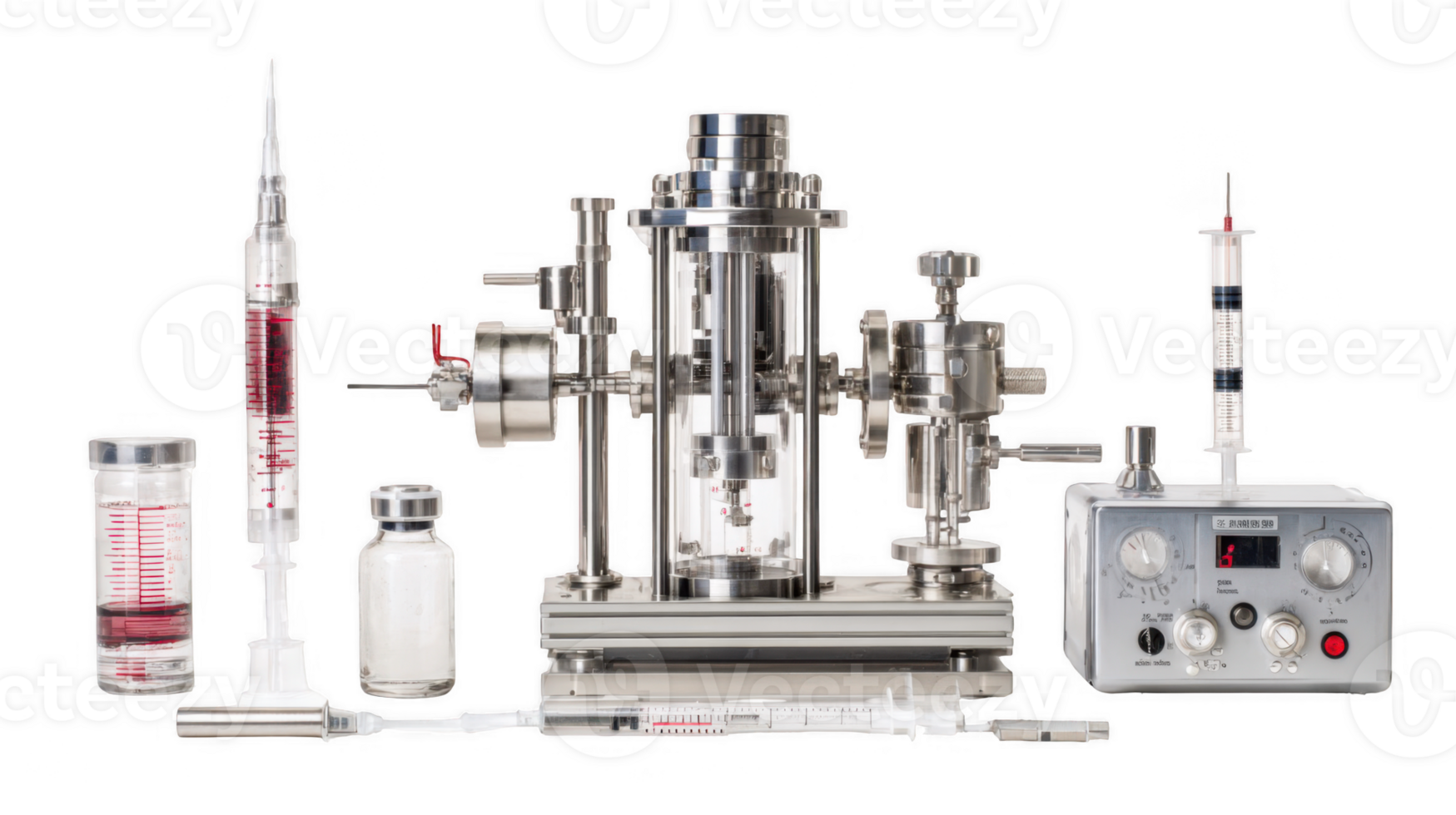 Bioengineering equipment displaying bioreactor, syringes, and vials on transparent background png