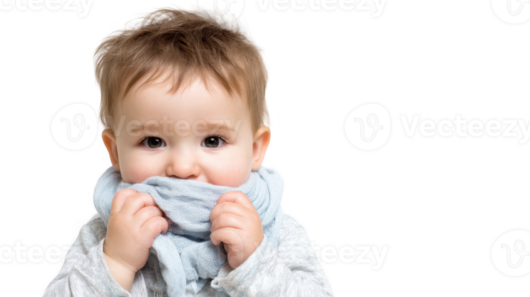 Baby chewing on soft blue cloth on transparent background png