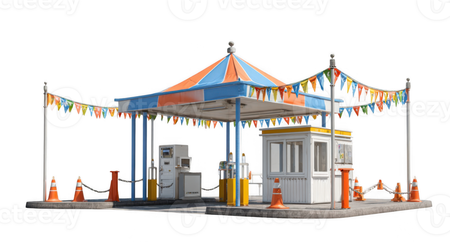 Colorful gas station with festive banners on transparent background png