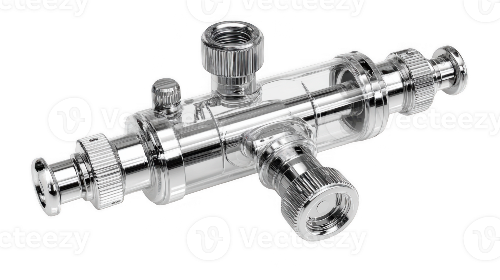 Shiny metal and glass inline filter with transparent background png