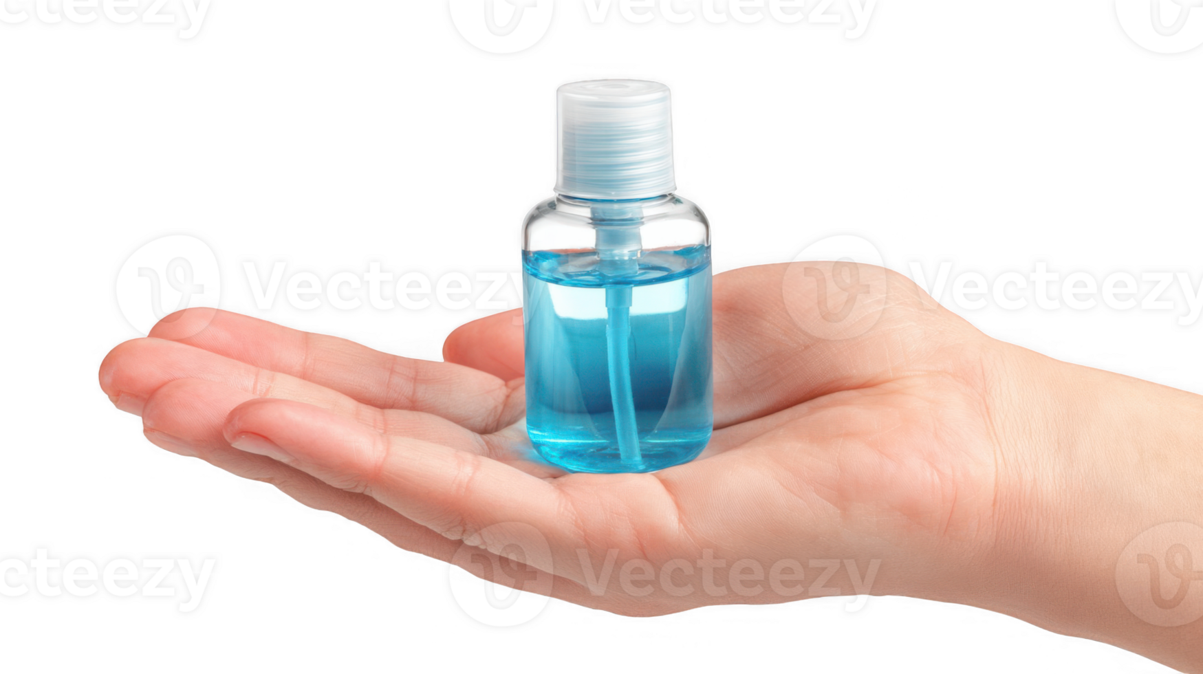 Hand holding small sanitizer bottle on transparent background png