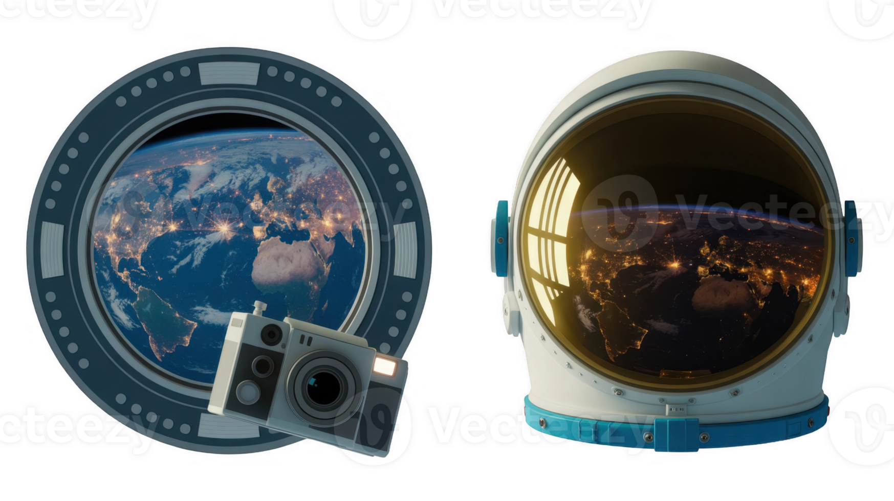 Astronaut helmet and spaceship window showing earth at night with camera and transparent background png