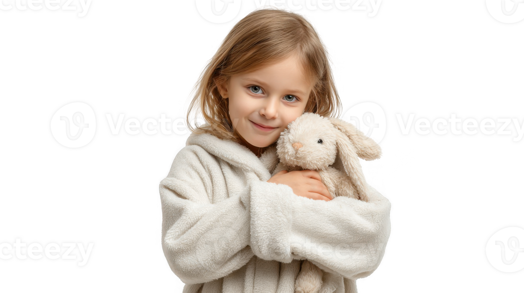 Smiling child hugging plush rabbit on transparent background png