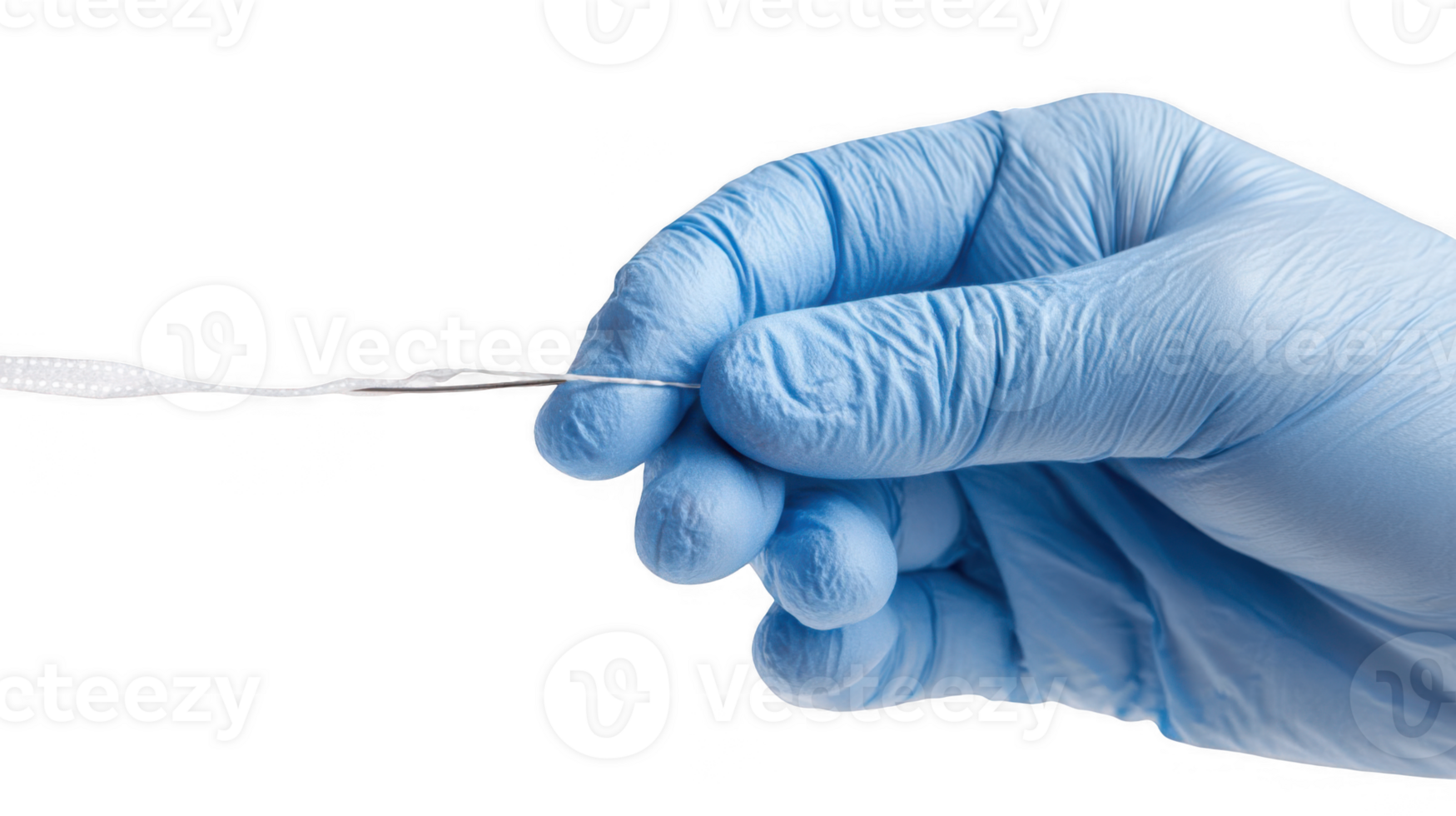 Doctor wearing blue glove holding guide wire for central venous catheter placement png