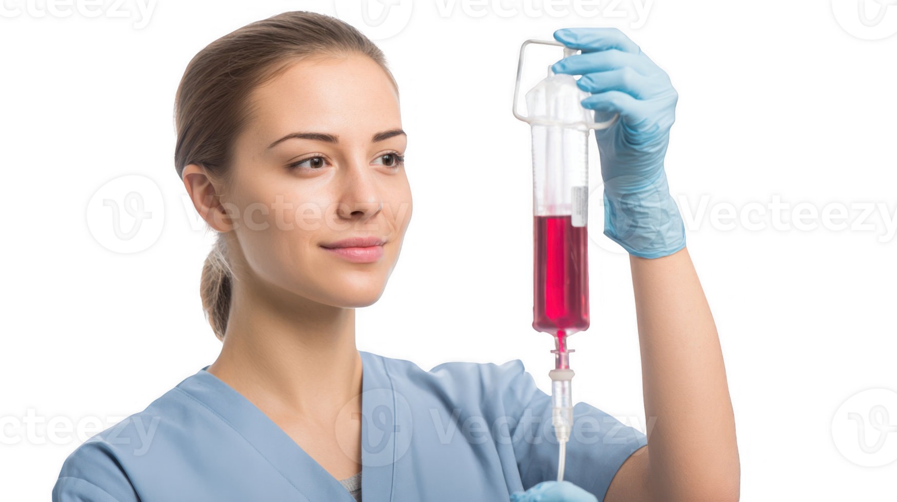 Nurse checking iv drip bag with red liquid on transparent background png