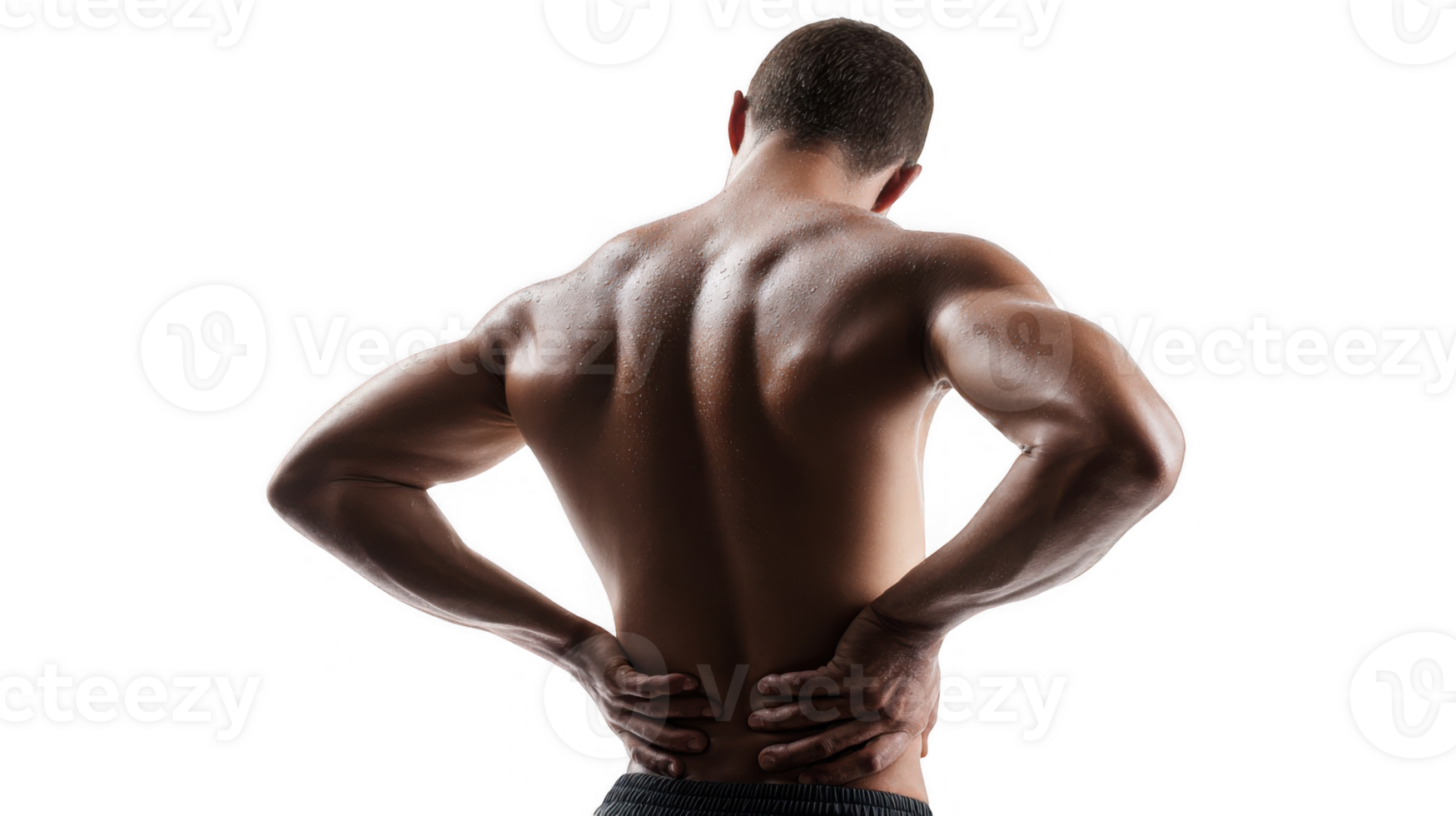Muscular man arching back and touching sore back on transparent background png