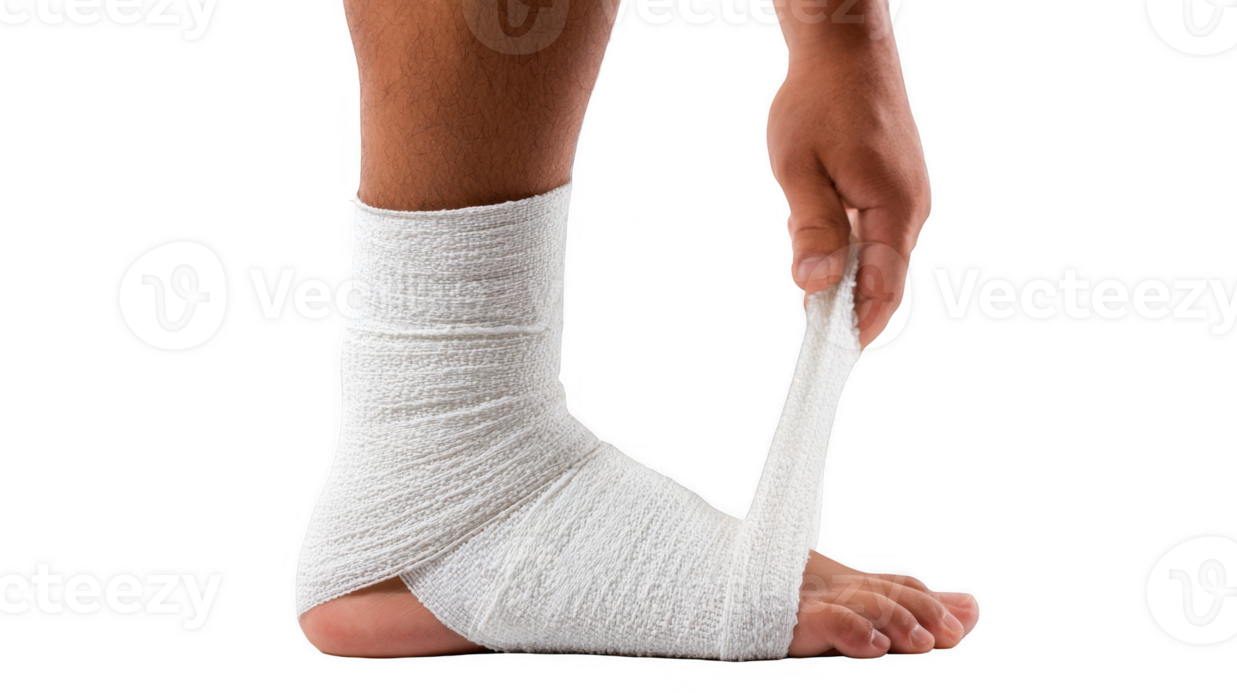 Patient applying bandage on injured ankle on transparent background png