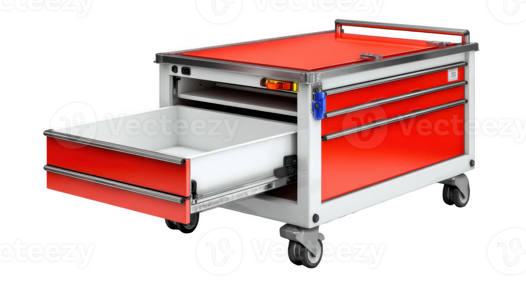 Emergency crash cart with open drawer showing empty interior on transparent background png