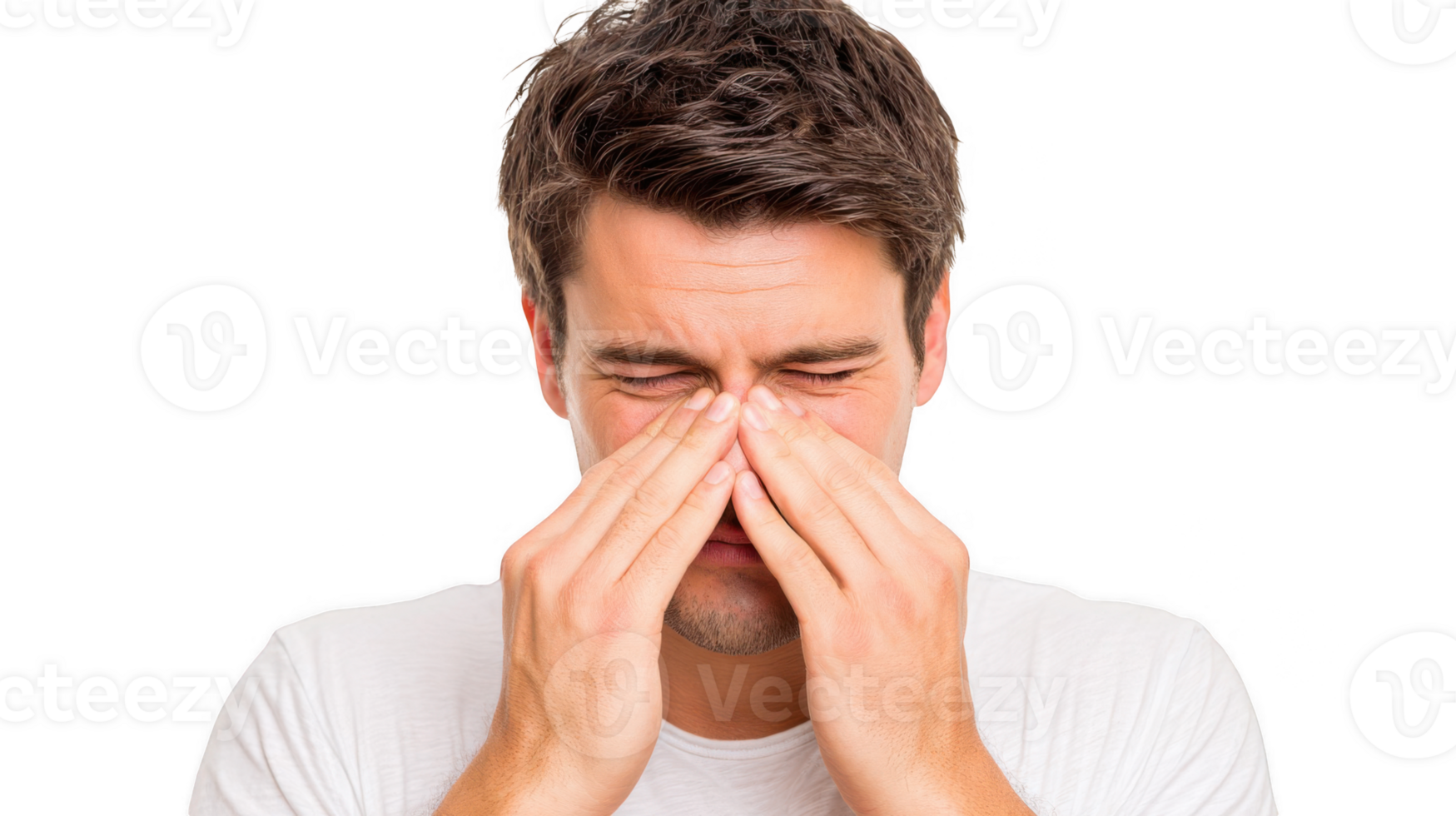 Young man suffering from sinus pain and squeezing nose bridge on transparent background png