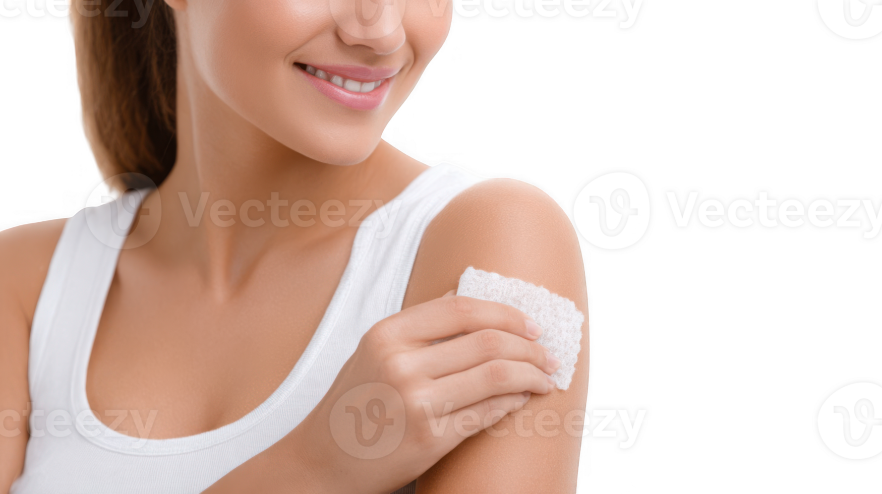 Woman applying sterile gauze to shoulder after vaccination on transparent background png