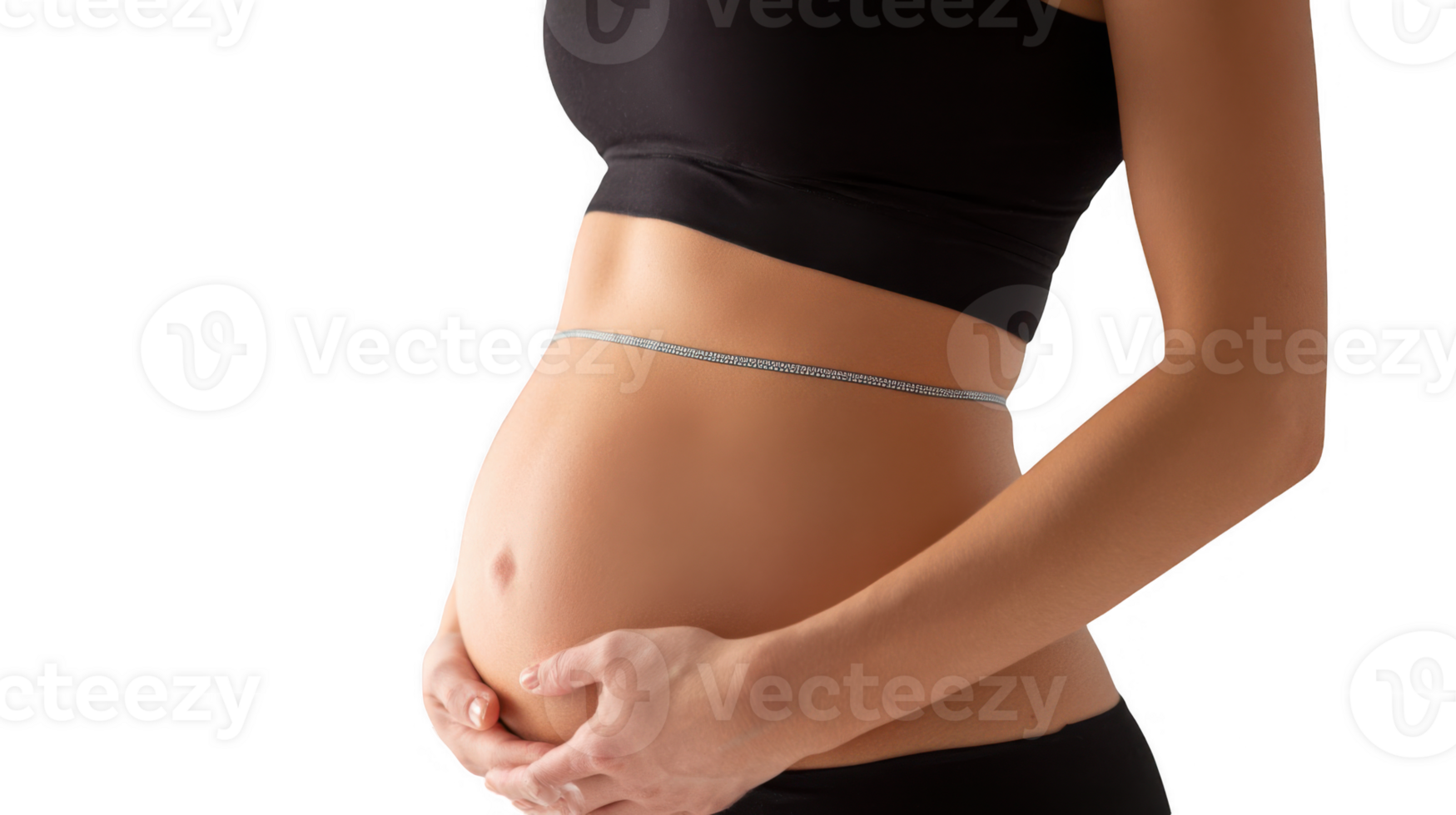 Pregnant woman embracing belly with measuring tape showing linea nigra on transparent background png