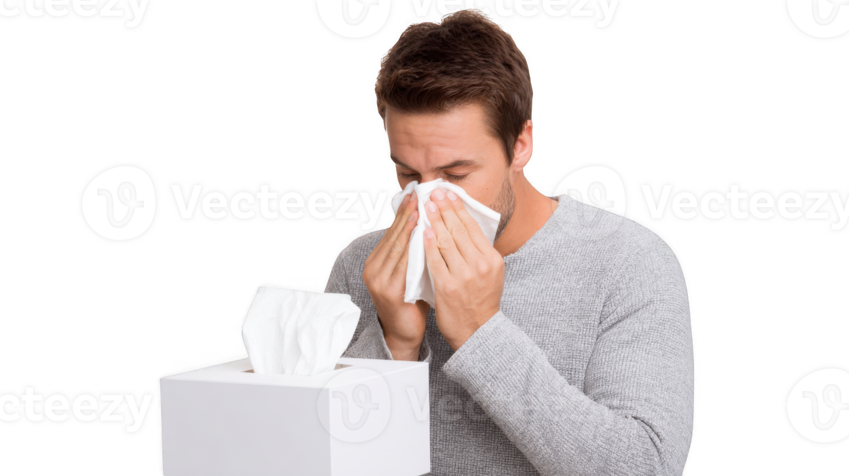 Sick man blowing nose with tissue from white box on transparent background png