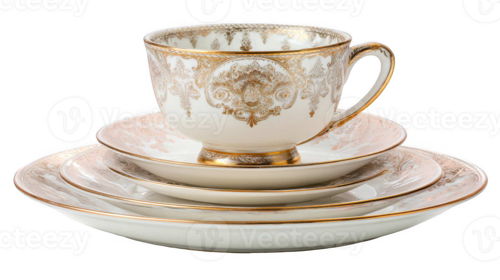 Elegant teacup and saucers with gold decoration on transparent background png