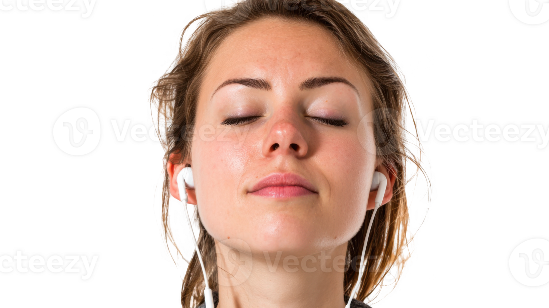 Young woman listening to music with earphones and closed eyes on transparent background png