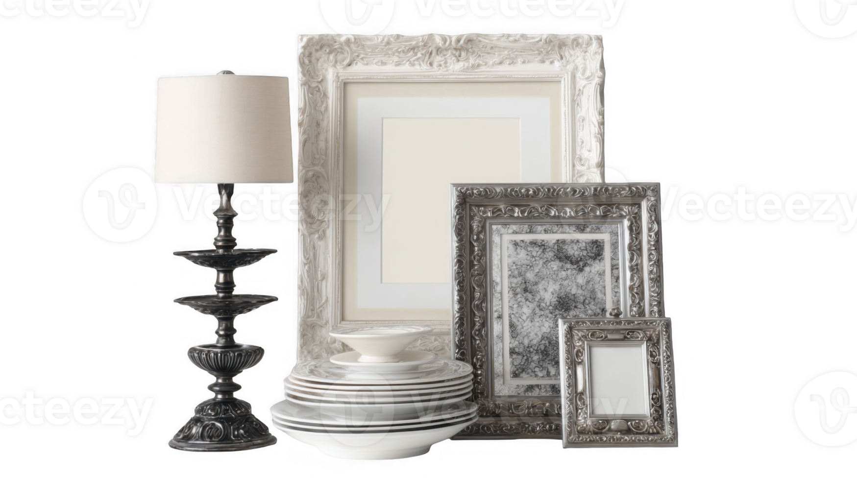 Elegant home decor with empty frames, lamp, and stacked plates on transparent background png