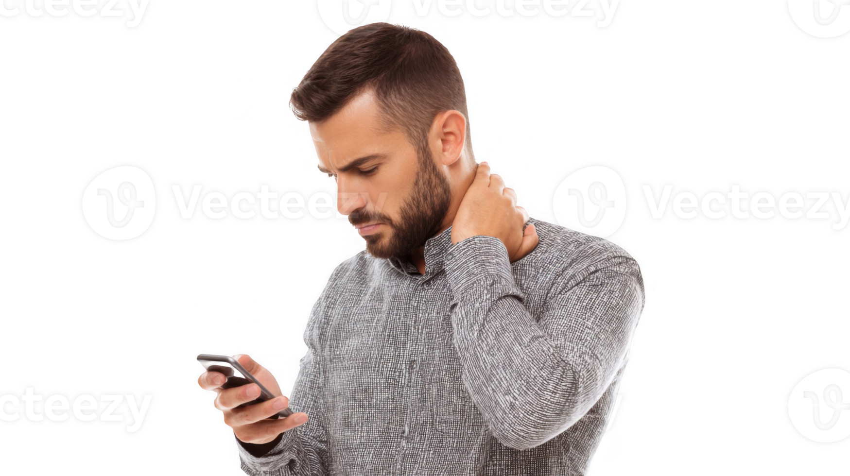 Manager suffering from neck pain while using smartphone with transparent background png