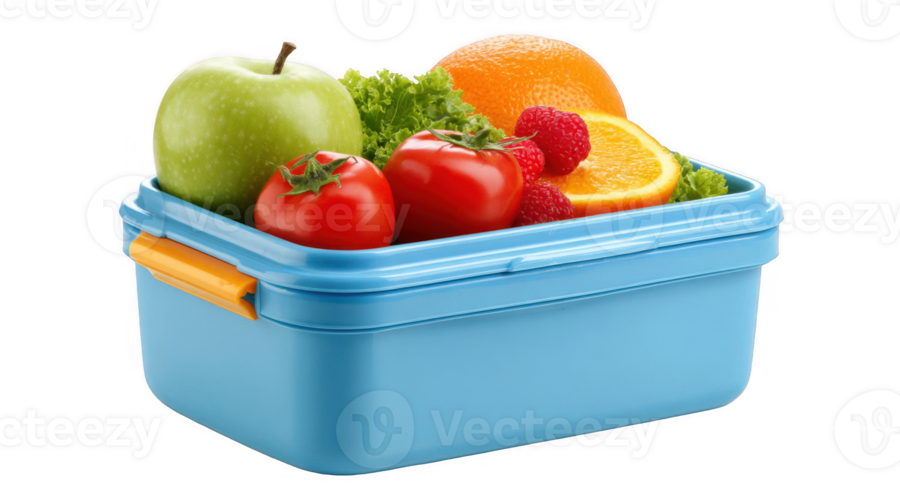 Light blue lunch box full of fresh fruits and vegetables on transparent background png
