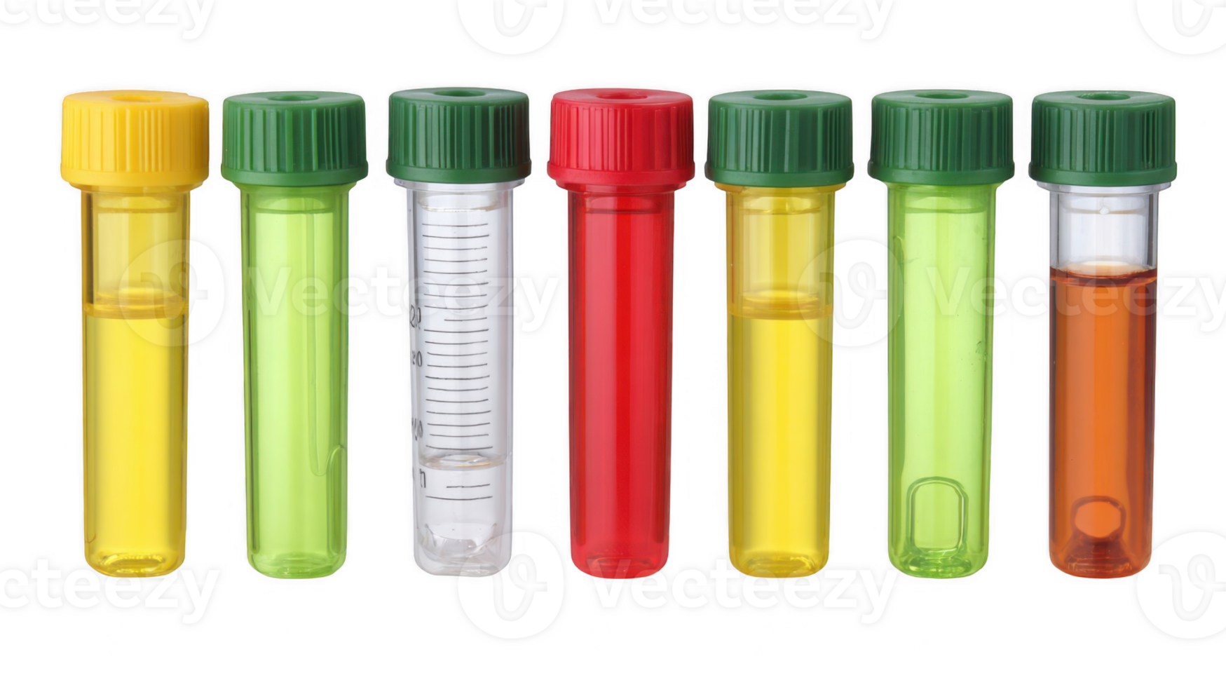 Colorful centrifuge tubes containing liquid samples on transparent background png