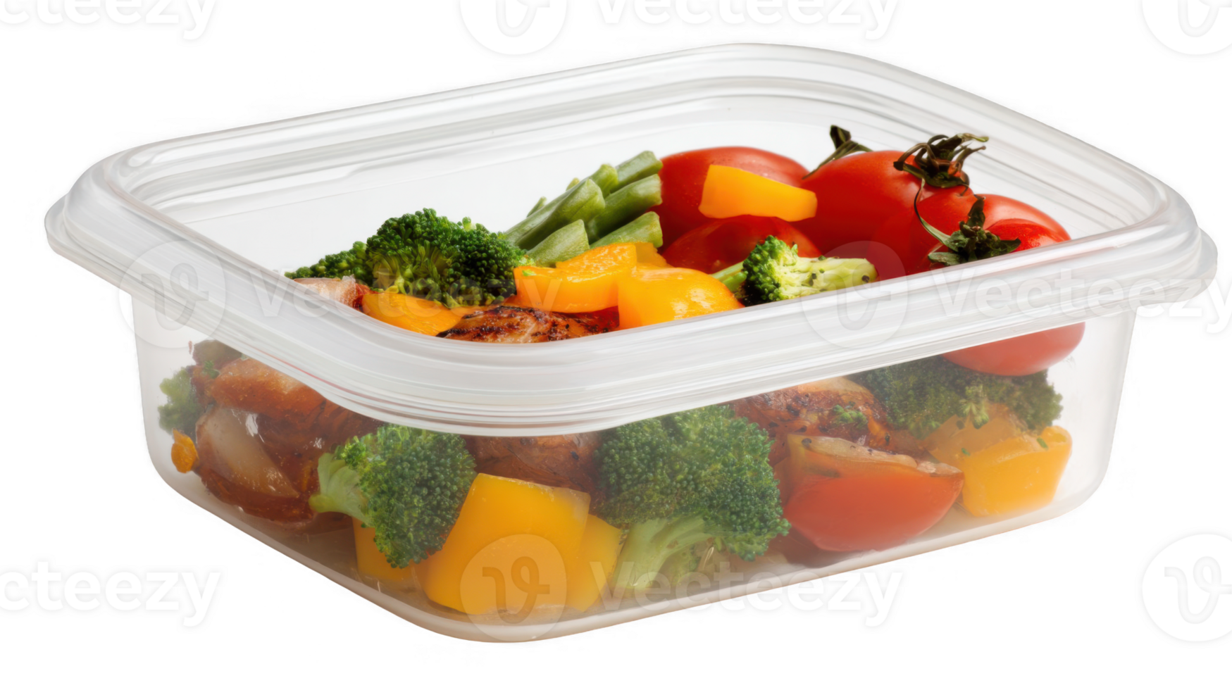 Plastic container holding leftover cooked chicken with broccoli, tomatoes, peppers, and green beans on transparent background png