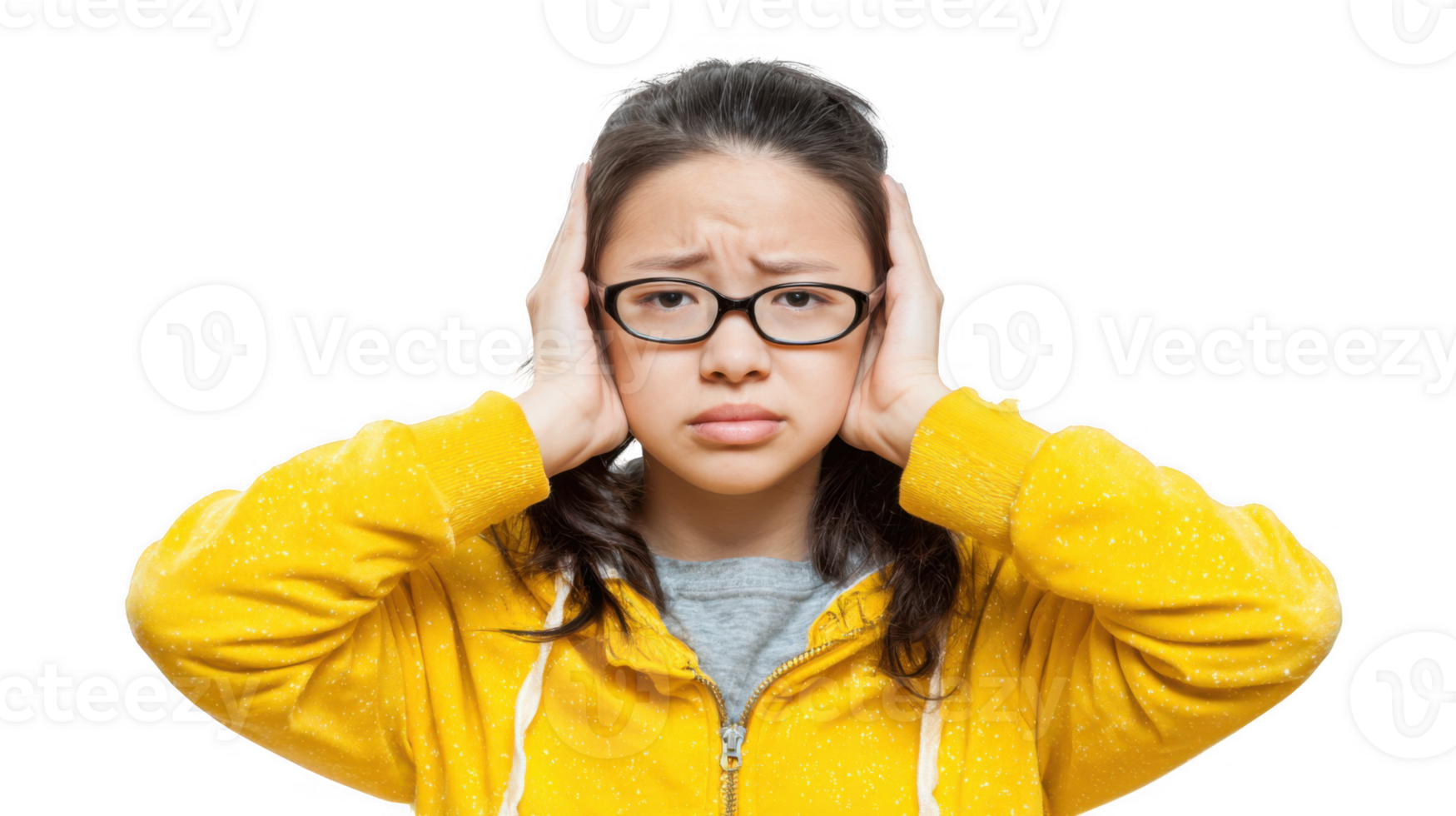 Young student covering ears ignoring noise on transparent background png