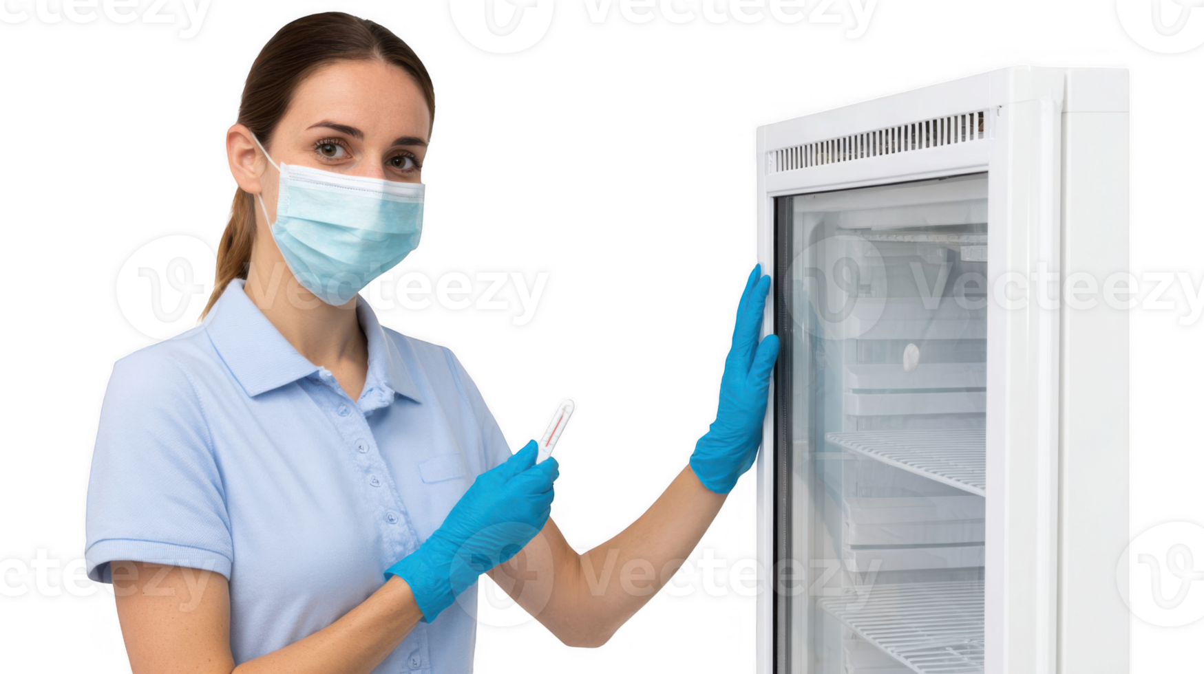 Nurse checking temperature of refrigerator with transparent background png