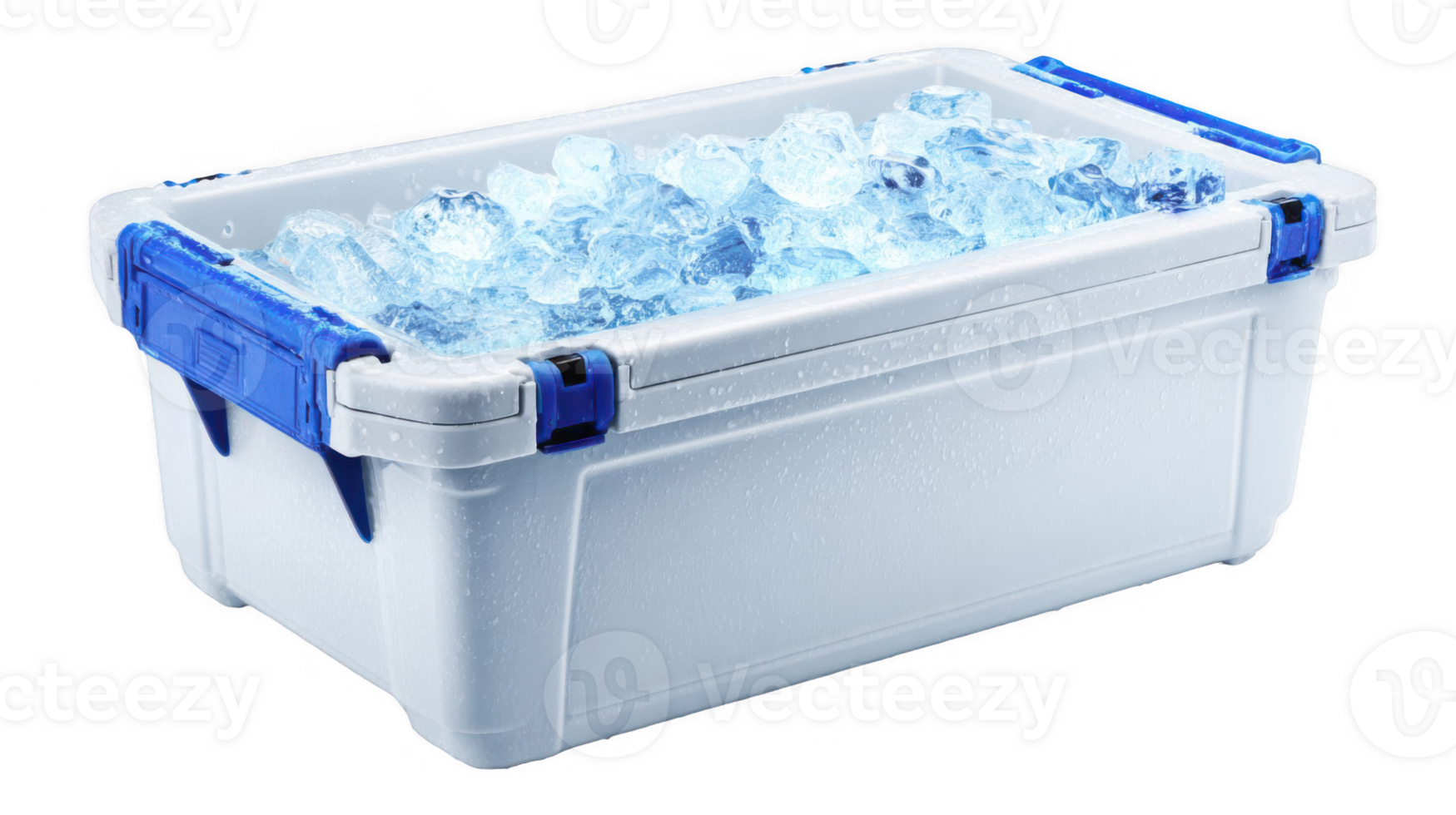 White cooler box full of ice cubes on transparent background png