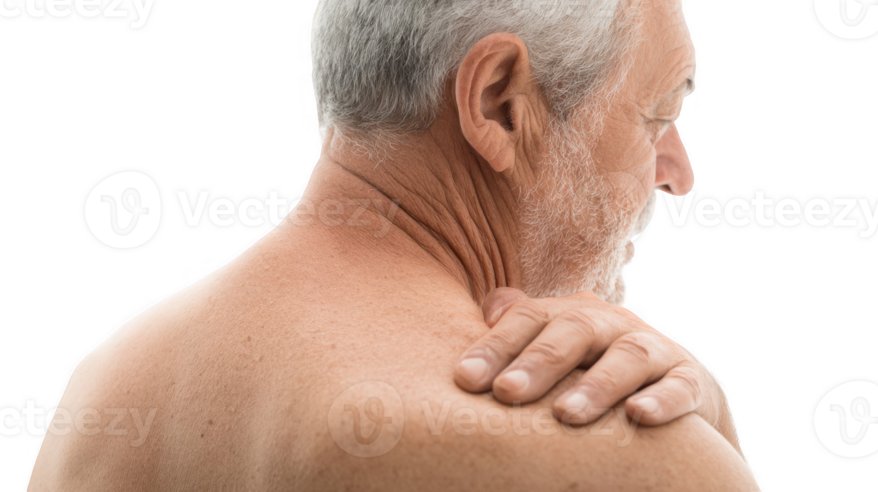 Senior man experiencing shoulder pain on transparent background png