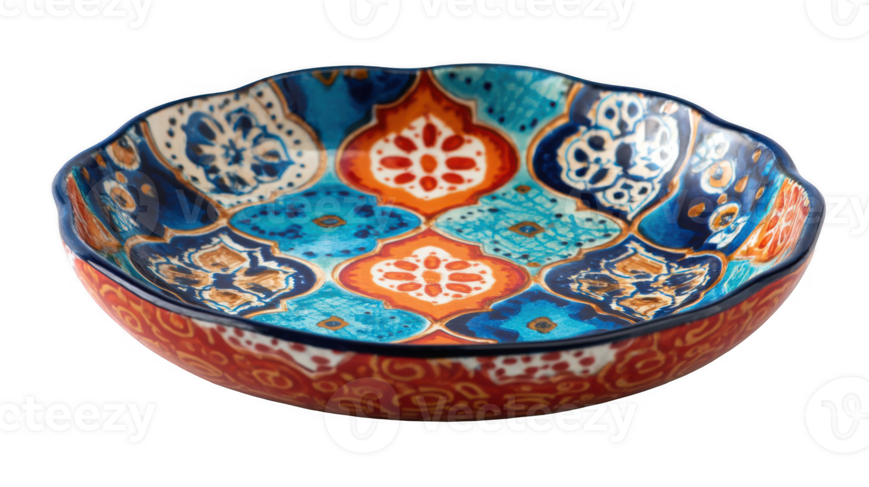 Colorful ceramic dish with intricate geometric pattern on transparent background png